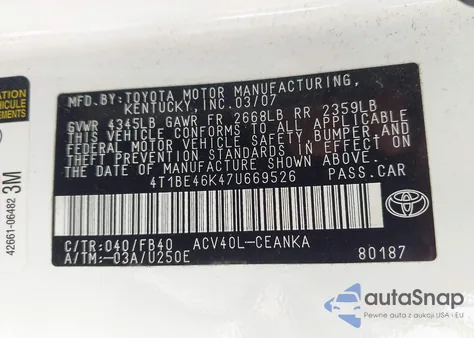 2007 Toyota Camry Ce from USA, damaged, VIN 4T1BE46K47U669526